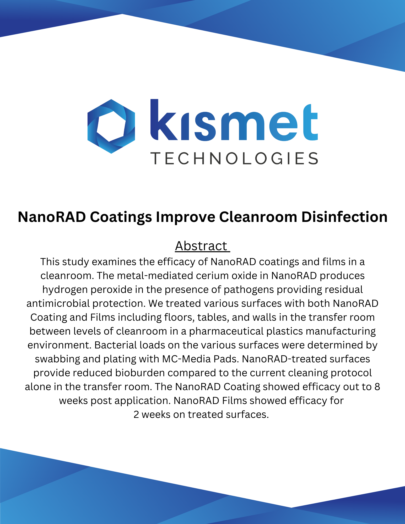 Kismet Technologies Coatings Improve Cleanroom Disinfection