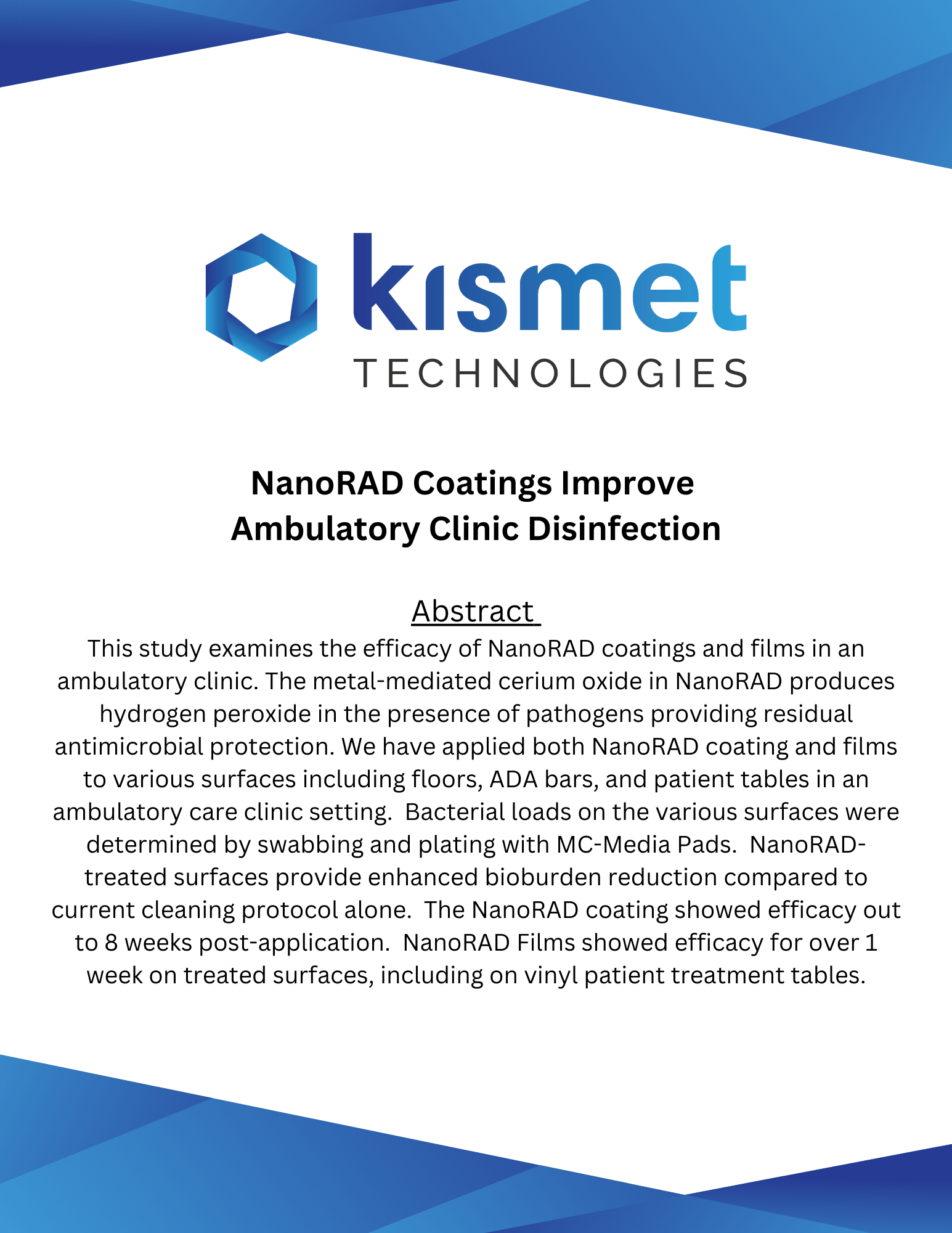 Kismet Technologies coatings improve ambulatory clinic disinfection