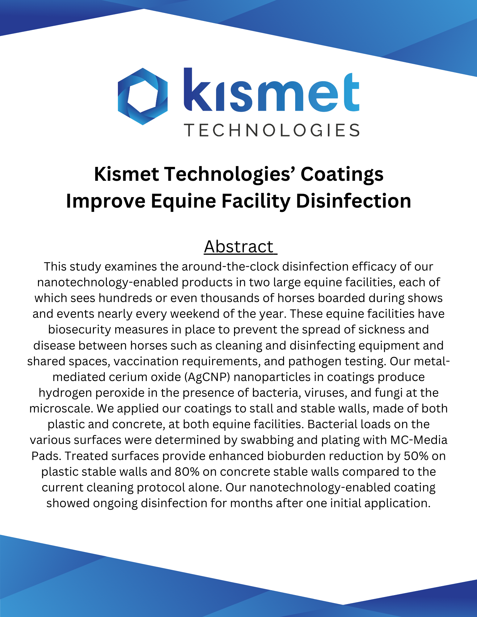 Kismet Technologies’ Coatings Improve Equine Facility Disinfection - Results